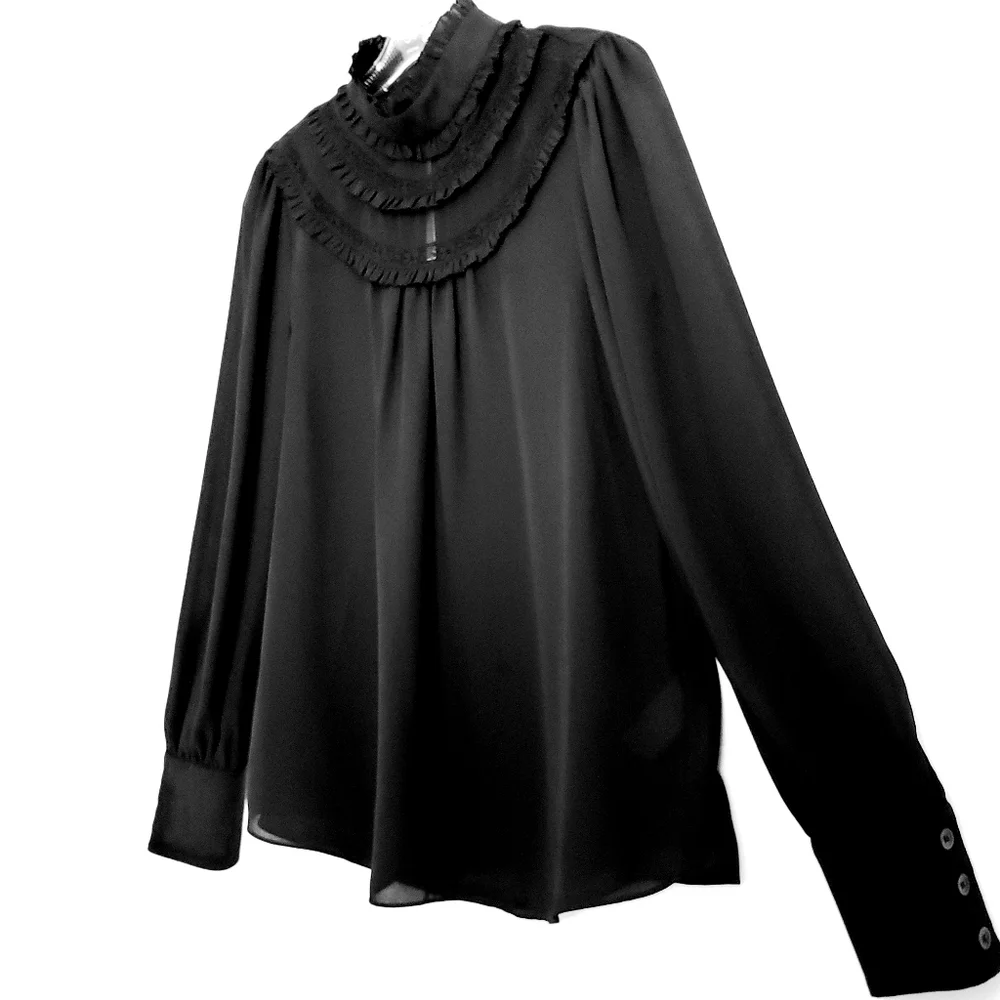 Nwot Kate Spade Black Longsleeve Highneck Ruffled Blouse